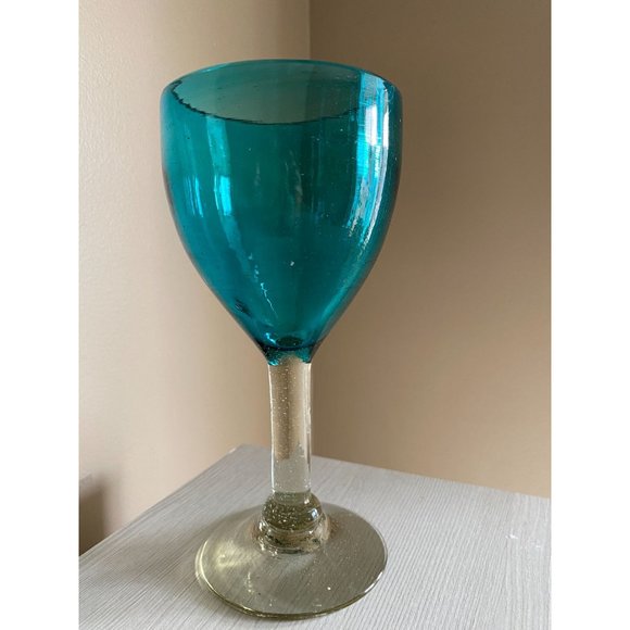 Heavy Aqua Luster Blue Glass Goblet Cup with Clear Luster Stem and Base Hand Blo - Picture 3 of 13